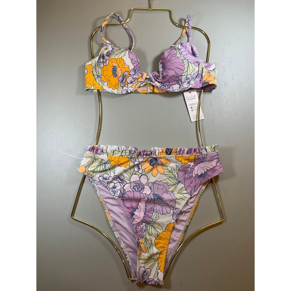 NWT Cupshe Floral High Cut Bikini in White Pastel Purple & Yellow Sz M